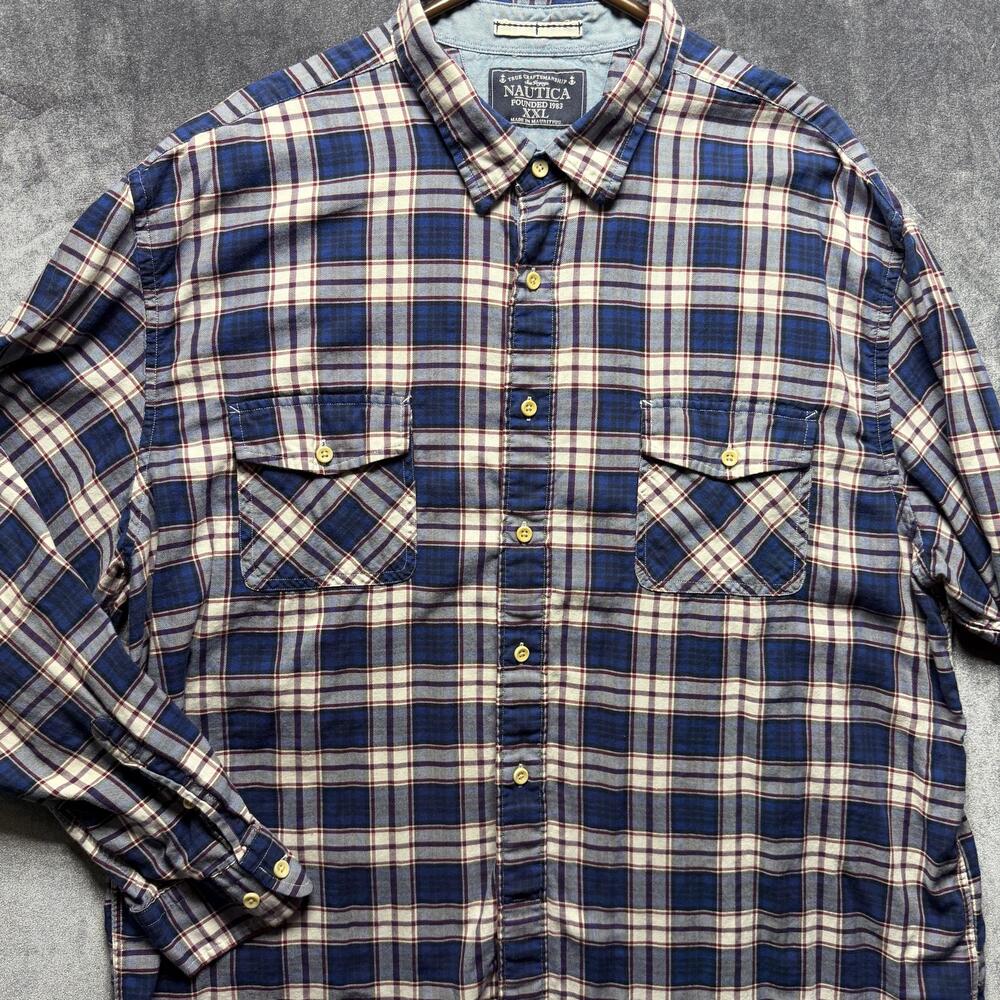 Nautica Shirt Mens 2XL Blue Plaid Flannel Button Up Long Sleeve Pockets